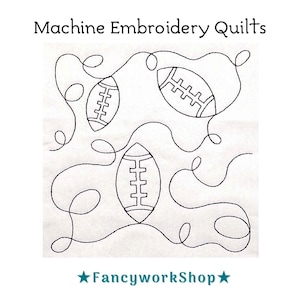Op de afbeelding: Zwart-witte lijntekening van drie voetballen met stiksels. De voetballen worden omringd door swirls en lussen. De tekst "Machine Embroidery Quilts" staat bovenaan de afbeelding en "FancyworkShop" onderaan.