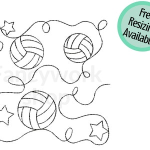May include: Black and white line drawing of three volleyballs with stars and curly lines. The volleyballs have a stitched pattern.