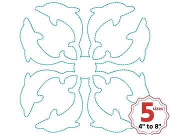 Dolphin quilt block machine embroidery design, Hawaiian quilt, Ornament quilt block, 5 sizes, Single and Triple Run, Square quilt block