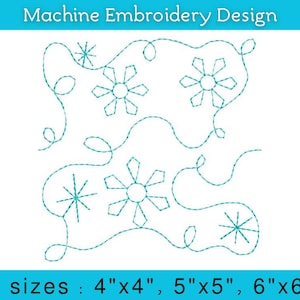 May include: Machine embroidery design featuring a snowflake pattern with swirls. The design is available in three sizes: 4 inches by 4 inches, 5 inches by 5 inches, and 6 inches by 6 inches.