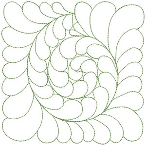 May include: A green line drawing of a swirling feather pattern. The design is a square with a repeating pattern of curved lines.