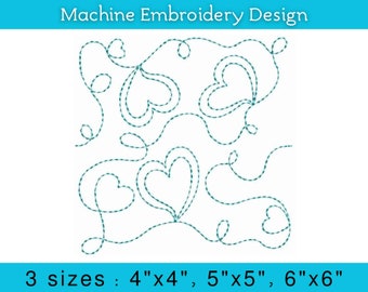 Hearts edge to edge machine embroidery quilting, End to End quilting continuous line, 4x4, 5x5, 6x6 inch, Single and Triple run, E2E design