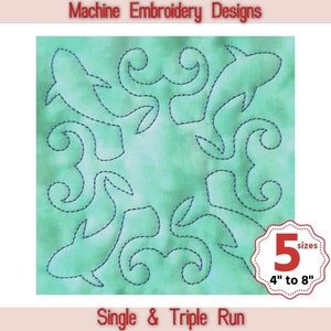 May include: Machine embroidery design featuring a repeating pattern of stylized fish and swirls. The design is available in five sizes, ranging from 4 to 8 inches. The design is for single and triple run embroidery.