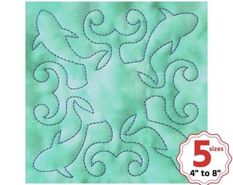 Fish quilt block machine embroidery design, Hawaiian quilt, Animal quilt block, 5 sizes, Single and Triple Run, Shark, Square quilt block