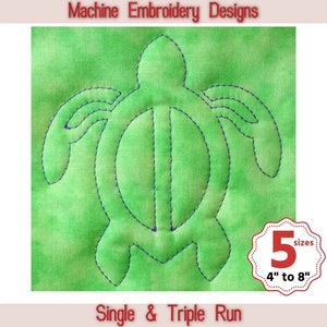 May include: Machine embroidery design of a green turtle with a single and triple run stitch. The design is available in 5 sizes, from 4 to 8 inches.