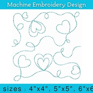 Hearts Edge to Edge machine embroidery quilting, Continuous line single and triple run End to End quilting, 4x4, 5x5, 6x6 inches, EtoE