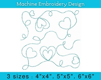 Hearts Edge to Edge machine embroidery quilting, Continuous line single and triple run End to End quilting, 4x4, 5x5, 6x6 inches, EtoE