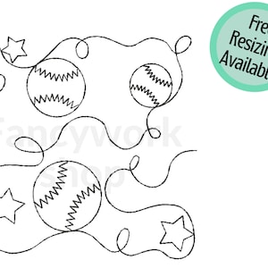 May include: Black and white line drawing of baseballs and stars connected by a continuous line. The design is perfect for embroidery, quilting, or other crafts.