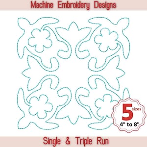 Może przedstawiać: Wzór haftu maszynowego w kolorze turkusowym przedstawiający kwadrat z czterema stylizowanymi kwiatami w każdym rogu. Wzór dostępny jest w pięciu rozmiarach, od 4 do 8 cali. Tekst "Single & Triple Run" znajduje się pod wzorem.