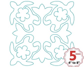 Sea turtle quilt block machine embroidery design, Hawaiian quilt, Ornament quilt block, 5 sizes, Single and Triple Run, Square quilt block
