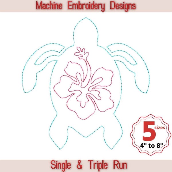 Sea turtle hibiscus quilt block machine embroidery design, Hawaiian turtle, Single and Triple Run, Quilting Motif, Quilt block embroidery