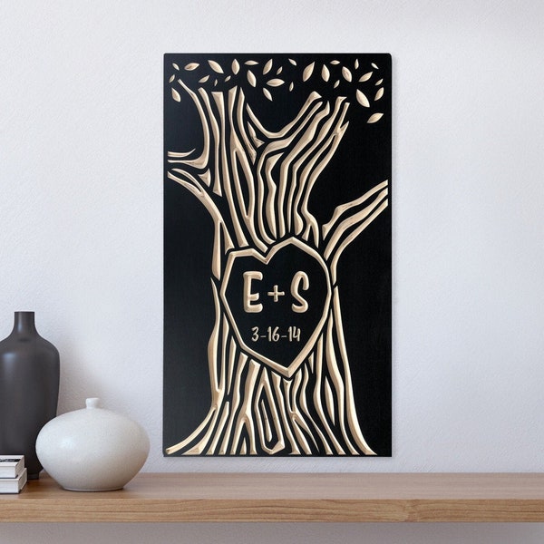 Initials Carved in Tree | Personalized Anniversary and Wedding Gift | Wood Wall Art for Couples