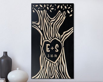 Initials Carved in Tree | Personalized Anniversary and Wedding Gift | Wood Wall Art for Couples