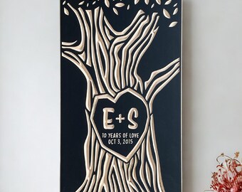 Personalized 10 Year Anniversary Tree Carving – Custom Wood Art with Initials and Date