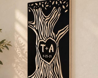 Personalized Carved Wood Tree Wall Art, Custom Initials, Relationship Gift