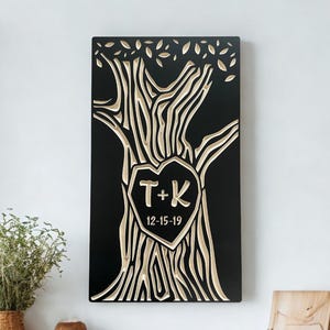Personalized 5 Year Anniversary Gift, Couple Initials Carved in Tree, Unique Wooden Anniversary Art
