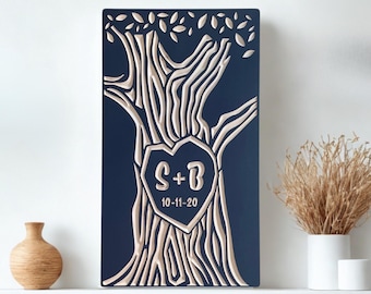 Carved Tree Initials Wall Art: Personalized Wood Wedding Anniversary Gift