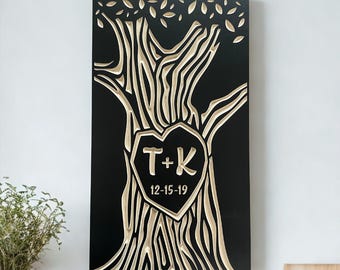 Personalized 5th Anniversary Wood Tree, Carved Initials Wall Art, Custom Wood Anniversary Gift, Couple Sign