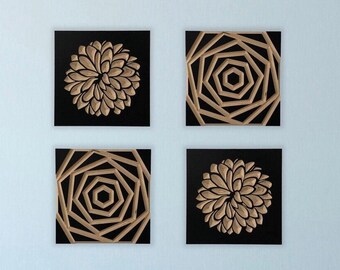 Floral Wall Art Set: Dahlia & Geometric Rose Sculptural Wall Decor, Hand-Painted Wood Relief