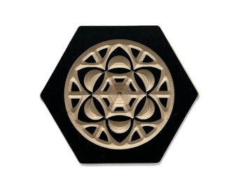Carved Crop Circle Style 1 on Wood Hexagon Wall Hanging