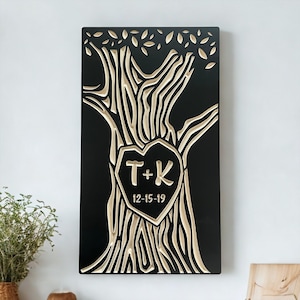 Personalized 5th Anniversary Wood Tree, Carved Initials Wall Art, Custom Wood Anniversary Gift, Couple Sign