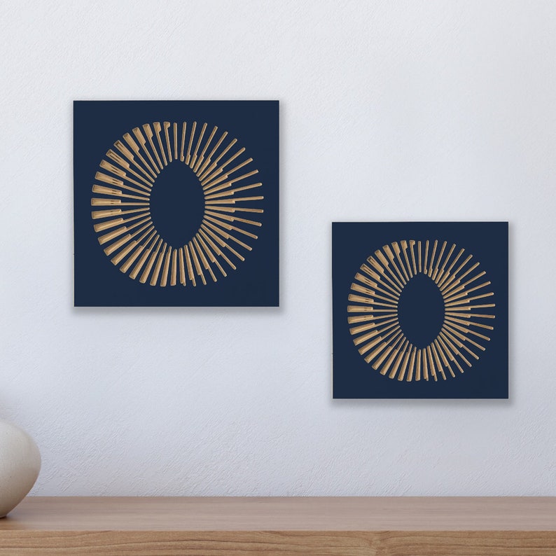 Optical Wood Wall Art Geometric Shapes Carved on Birch Navy Blue