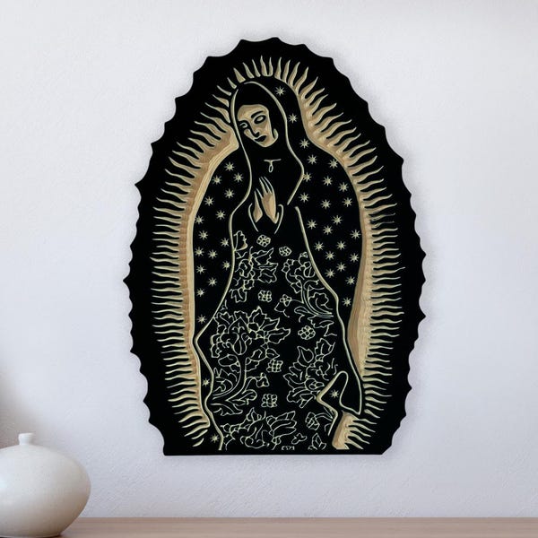 Our Lady of Guadalupe Wood Carved Wall Hanging, Eclectic Room Decor