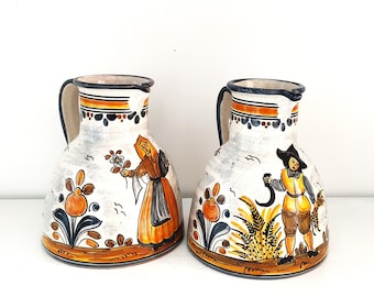 Hand Painted Spanish Pottery Jugs: Rustic Ceramic Pitchers, Set of 2