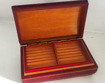Antique Elegant Cigarette Box, Antique Italian Cigarette Box, Burgundy Leather Cigarette Box, Leather and Wood Cigarette Box
