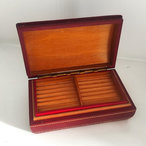 Antique Elegant Cigarette Box, Antique Italian Cigarette Box, Burgundy Leather Cigarette Box, Leather and Wood Cigarette Box