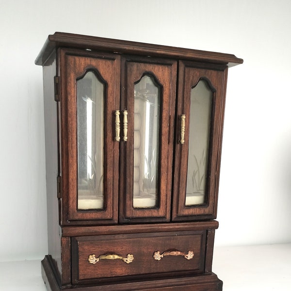 Vintage Jewelry Armoir, Antique Wood Jewelry Cabinet, Varished Oak and Etched Glass doors, Vintage jewelry chest