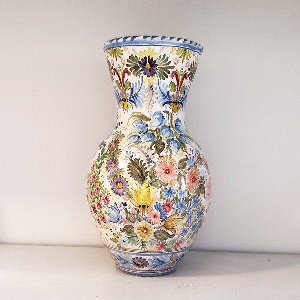 Vintage Spanish Ceramic Vase, Hand Painted and Handcrafted, Multicolour Flowers Vase, Spanish Art Ceramic