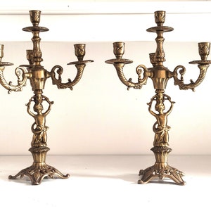 Antique Bronze Candelabras in Renaissance Style, Antique French Candlestick Holders with Cherubs, Vintage Ornate Bronze Candleholders