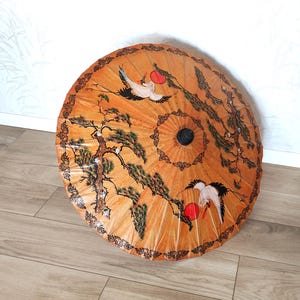 Vintage Chinese Hand Painted Paper Umbrella, Bamboo and Rice Paper Vintage Asian Parasol