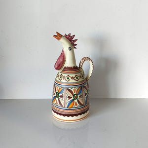 Vintage Hand-Painted Ceramic Rooster Pitcher, Spanish Pottery Botijo