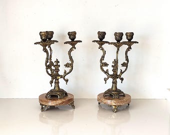 Vintage Italian Ornate Bronze & Marble Candelabras – Set of 2 – Antique Style Candle Holders –  Baroque Decor