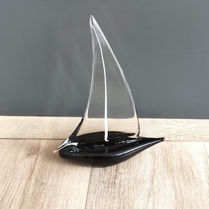 Murano Glass Sailboat Sculpture, Black & Clear Art Glass Nautical Decor, Vintage Italian Blown Glass Sailboat Sculpture