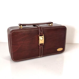 Portagioie da viaggio vintage, beauty-case da viaggio anni '70, beauty-case marrone con chiusura dorata, organizer compatto