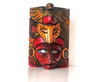 Masque en bois de guerrier aztèque sculpté à la main vintage, décoration murale mésoaméricaine