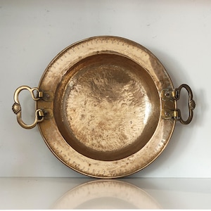 Antique Hand-Hammered Brass Bowl: Engraved Rim, Cast Handles, c.1880-1920
