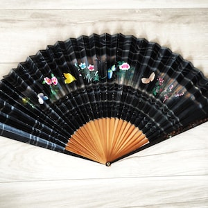 Vintage Japanese Wall Fan: Hand-Painted Birds, Butterflies, Mother-of-Pearl Inlay