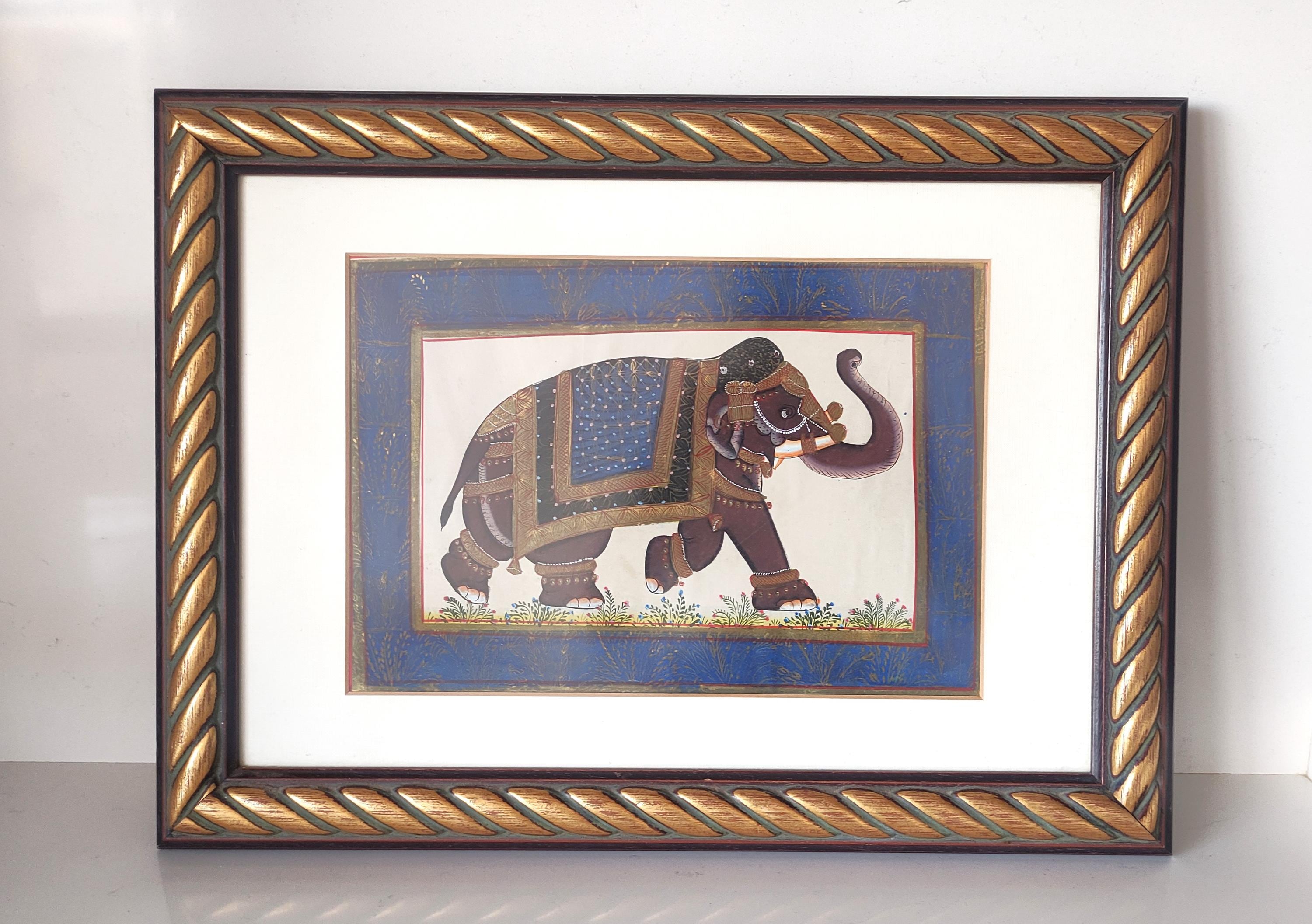 額入りインドの王家の象の細密画 – ラージャスターン・ムガル様式