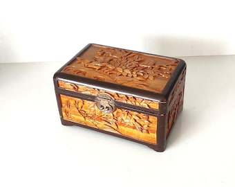 Vintage Chinese Hand Carved Wood Box - Cherry Blossom Motif, Brass Lock