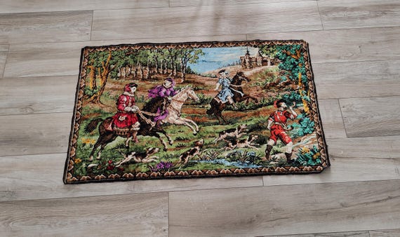 Grande Tapisserie Murale Française Vintage - Chasse à Courre Et Chevaux - 153x57cm #527