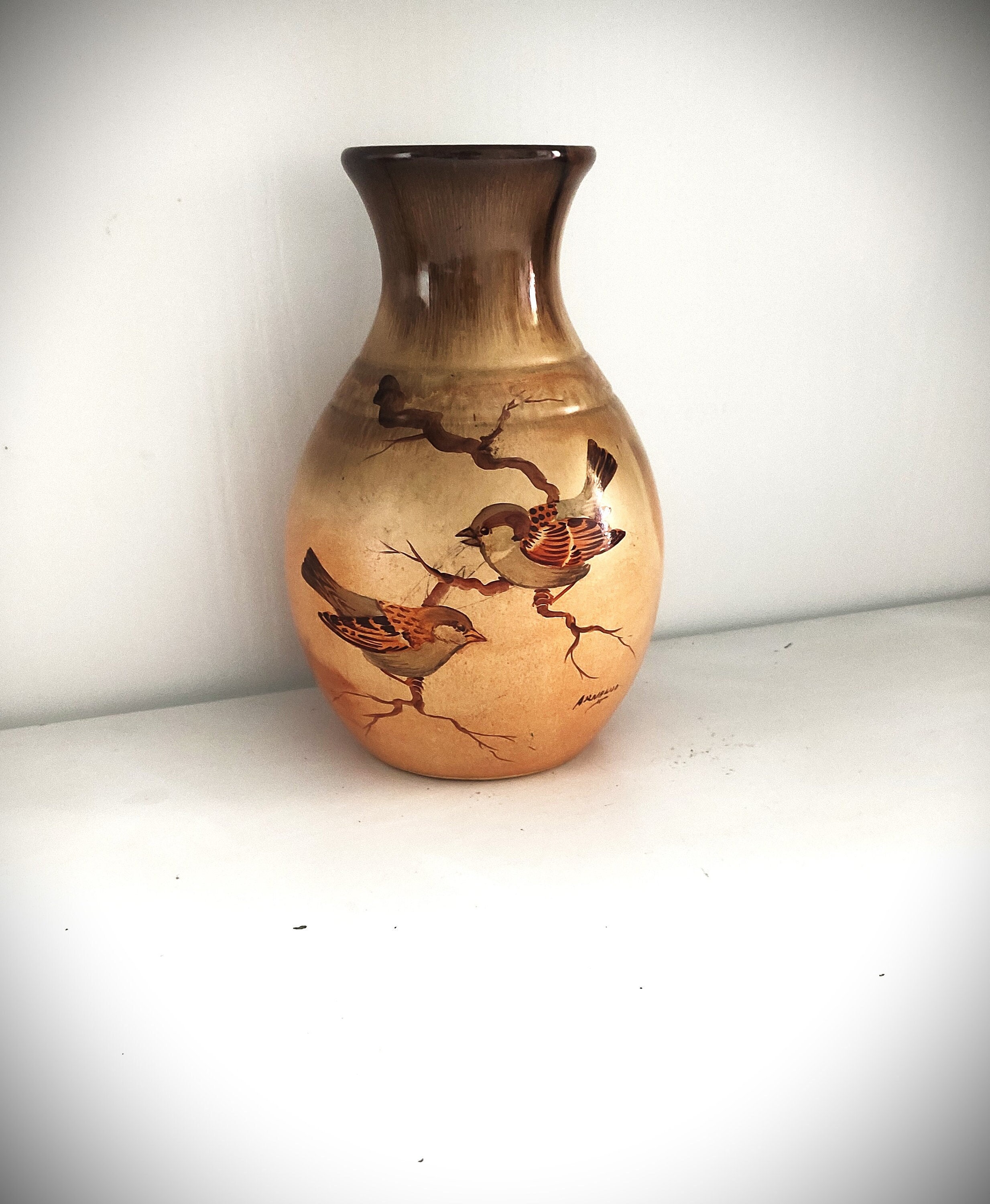 イタリア製　陶器　花瓶 スズメが描かれたヴィンテージ イタリア製陶器の花瓶、Arnaldo