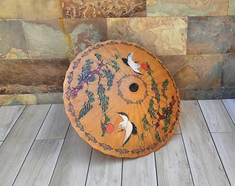Parasol asiatique en papier vintage - Grues et pin peints à la main - Parasol oriental décoratif