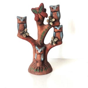 Handcrafted Mexican Folk Art Clay Tree of Life Candleholder with Owls