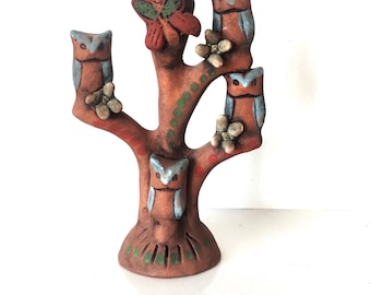 Portacandele in argilla con albero della vita, realizzato a mano in stile popolare messicano, con gufi