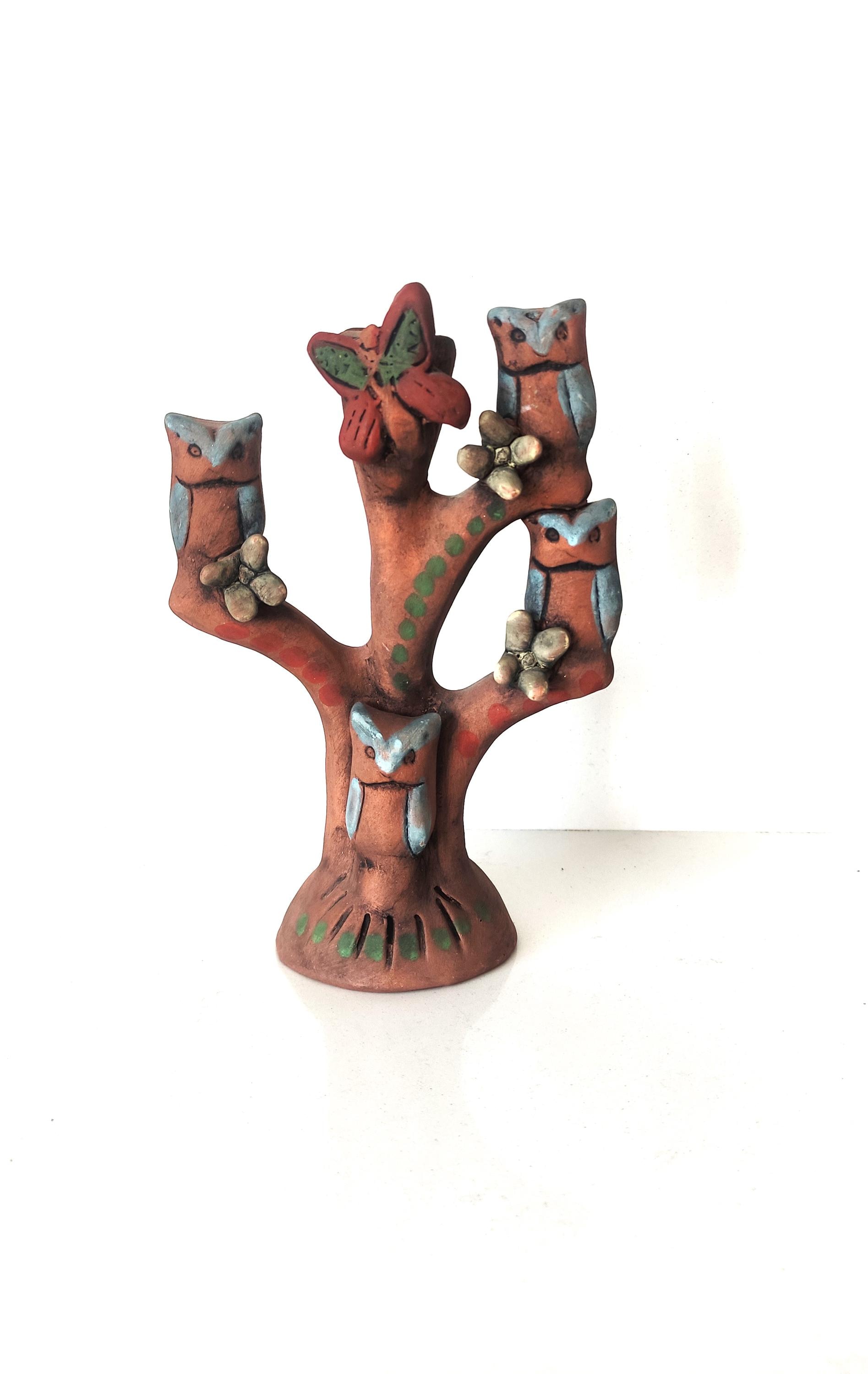 手作りのメキシコ民芸粘土製生命の樹キャンドルホルダー（フクロウ付き 