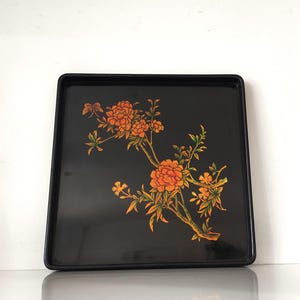 Vintage Japanese Black Lacquer Hand Painted Decorative Tray, Japanese Lacquered Wood Tray with Floral Motifs